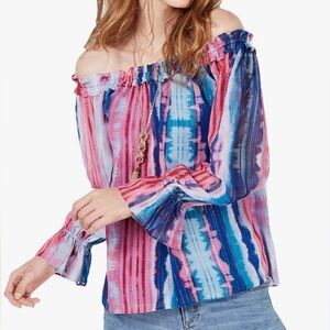 INC Womens Blouse Long Sleeve Off-The-Shoulder Tie Dye Top Shirt Multi S $70 NWT